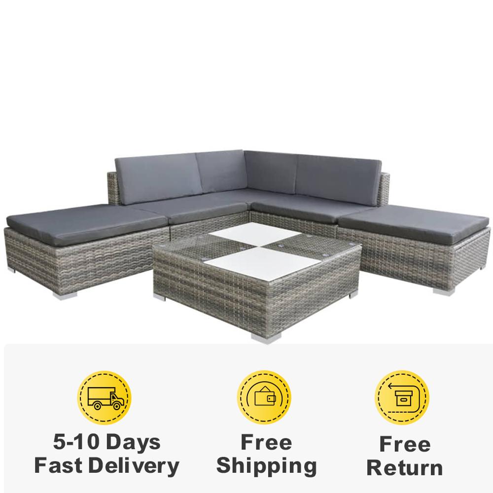 6pcs Modern Garden Furniture Sets with Cushions Gray Rattan Lounge Set Brown Outdoor Tables for Garden Patio Balcony Nodic Style