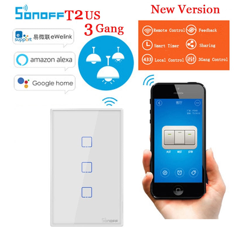 Sonoff TX T2 US 3gang Smart Home Mobile Wireless Remote Control Wifi 433 RF Light Lamp Touch Wall Switch with Border Via Alexa